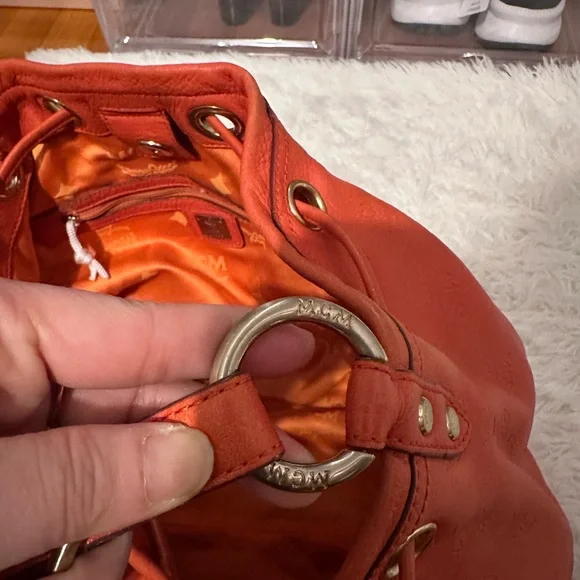 MCM Orange Leather Hobo Bag with Gold Details - Picture 7 of 16